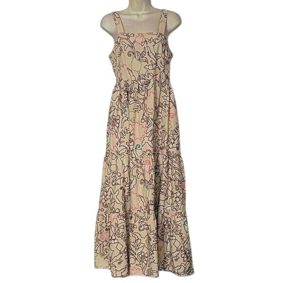 Floral Print Maxi Dress Beige & Black Sleeveless Square Neck Tiered Skirt Boho S - Picture 2 of 7